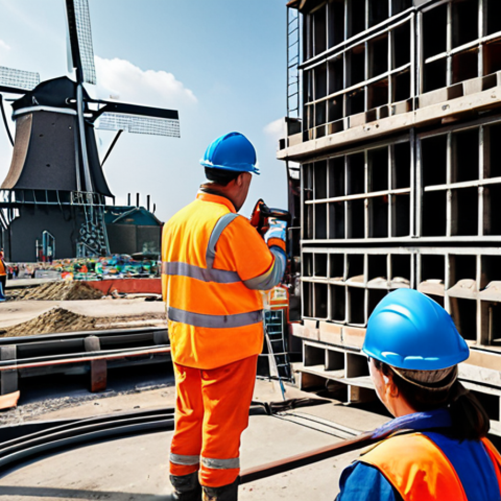 **Prompt:** A construction site in Amsterdam showcasing workers examining a concrete structure with sensors embedded in it. The scene emphasizes real-time monitoring and AI-driven analysis of building materials, highlighting the future of construction and predictive maintenance. Incorporate windmills in the background to give a Dutch vibe.