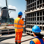 **Prompt:** A construction site in Amsterdam showcasing workers examining a concrete structure with sensors embedded in it. The scene emphasizes real-time monitoring and AI-driven analysis of building materials, highlighting the future of construction and predictive maintenance. Incorporate windmills in the background to give a Dutch vibe.
