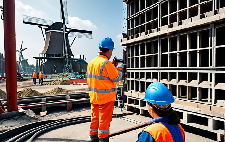 **Prompt:** A construction site in Amsterdam showcasing workers examining a concrete structure with sensors embedded in it. The scene emphasizes real-time monitoring and AI-driven analysis of building materials, highlighting the future of construction and predictive maintenance. Incorporate windmills in the background to give a Dutch vibe.