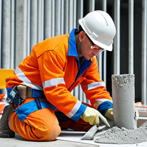 Home 6 **Image:** A construction site with a materials tester wearing safety gear, taking a concrete sample. Focus on the practical aspect and diverse materials, highlighting concrete.