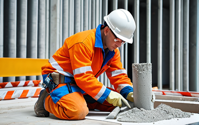 **Image:** A construction site with a materials tester wearing safety gear, taking a concrete sample. Focus on the practical aspect and diverse materials, highlighting concrete.